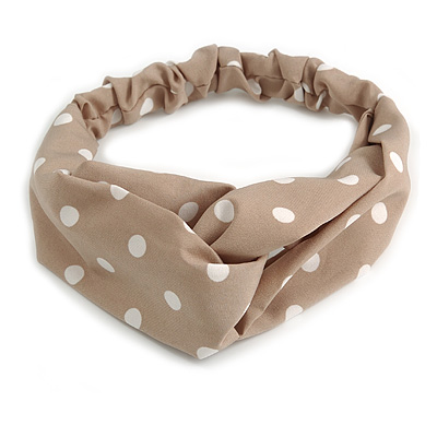 Beige and White Polka-Dotted Twisted Fabric Elastic Headband/ Headwrap - main view