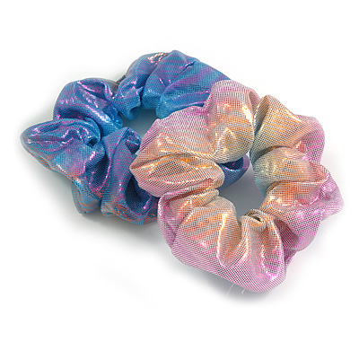 Pack Of 2 Light Chameleon Blue/ Pink Snake Effect Silk Hair Scrunchies - Medium Thickness Hair - main view