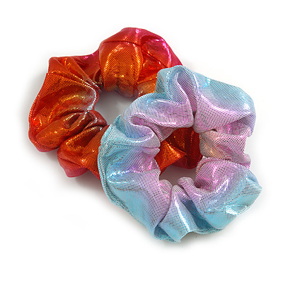 Pack Of 2 Light Chameleon Orange/ Red/ Pink/ Light Blue Snake Effect Silk Hair Scrunchies - Medium Thickness Hair