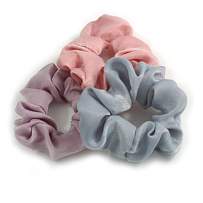 Pack Of 3 Pastel Pink/ Grey/ Purple Satin Hair Scrunchies - Medium Thickness Hair - main view