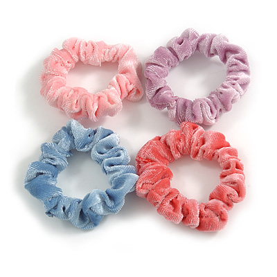 Pack Of 4 Pastel Pink/ Blue/ Purple/ Coral Velvet Hair Scrunchies - Medium Thickness Hair