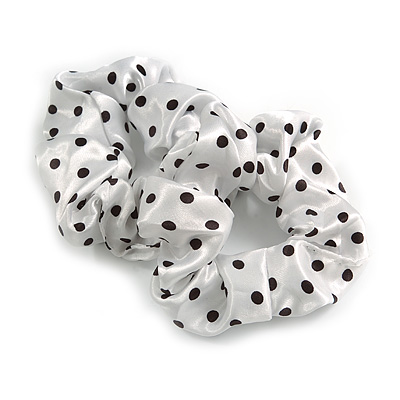 Pack Of 2 White/ Black Polka Dot Silk Hair Scrunchies - Medium Thickness Hair