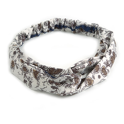 White/ Dark Blue Floral Twisted Fabric Elastic Headband/ Headwrap