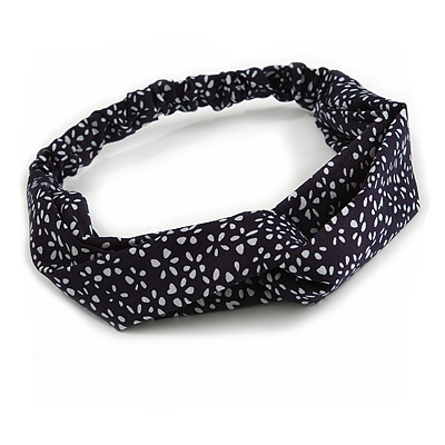Dark Blue/ White Floral Twisted Fabric Elastic Headband/ Headwrap