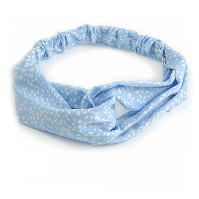 Light Blue/ White Floral Twisted Fabric Elastic Headband/ Headwrap