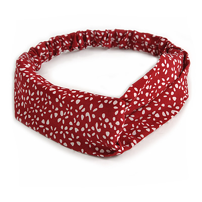Burgundy Red/ White Floral Twisted Fabric Elastic Headband/ Headwrap - main view