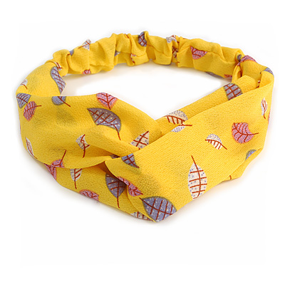 Yellow Floral Leaf Twisted Fabric Elastic Headband/ Headwrap - main view