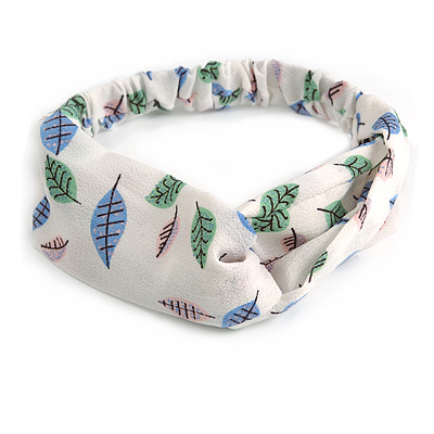 White Floral Leaf Twisted Fabric Elastic Headband/ Headwrap - main view