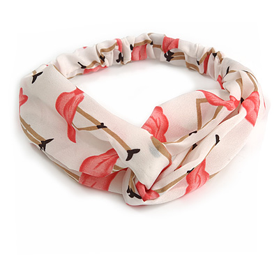 White/ Pink Flamingo Twisted Fabric Elastic Headband/ Headwrap - main view