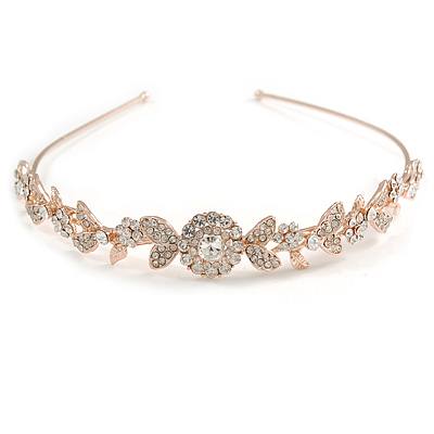 Bridal/ Wedding/ Prom Rose Gold Tone Clear Crystal Floral Tiara Headband