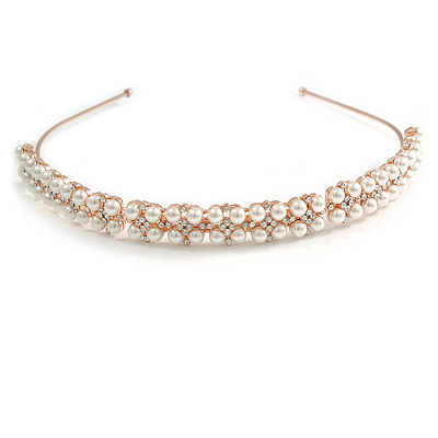 Bridal/ Wedding/ Prom Rose Gold Tone Clear Crystal, Faux White Glass Pearl Tiara Headband