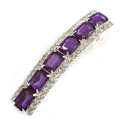 Purple Acrylic Bead/ Clear Crystal Barrette Hair Clip Grip In Silver Tone - 80mm Across