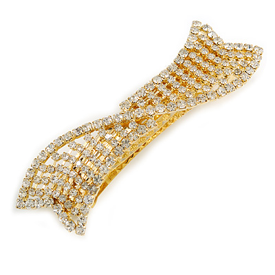 Clear Crystal Bow Barrette Hair Clip Grip In Gold Plated Metal - 90mm