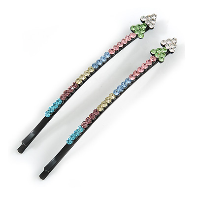 Long Multicoloured Crystal Arrow Hair Grips/ Slides In Black Tone - 85mm Across
