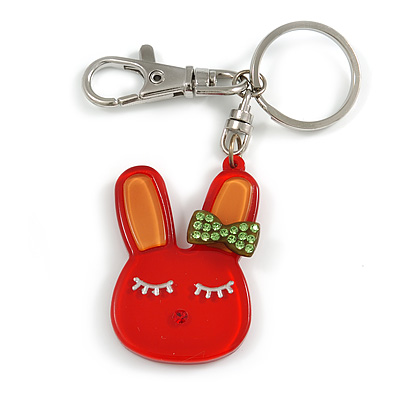 Cute Red Plastic Bunny Key-Ring With Crystal Bow