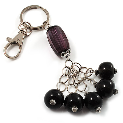 Silver Tone Ceramic Bead Charm Keyring/ Bag Charm (Black)