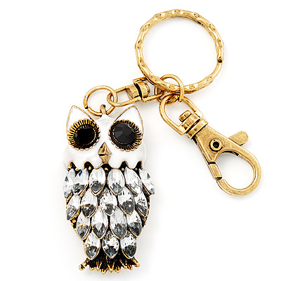 Cute White Enamel Diamante Owl Keyring/ Bag Charm (Burn Gold Plated Metal)