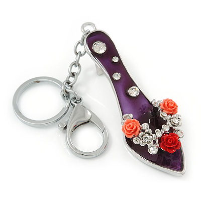 Rhodium Plated Deep Purple Enamel High Heel Shoe With Crystals And Roses Keyring/ Bag Charm - 16cm L