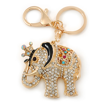 Crystal Queen Elephant Keyring/ Bag Charm In Gold Plating - 11cm L