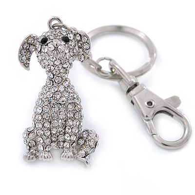 Clear Austrian Crystal Dog Keyring/ Bag Charm In Silver Tone - 11cm L