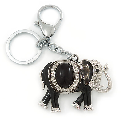 Crystal Black Enamel Elephant Keyring/ Bag Charm In Silver Tone - 12cm L - main view