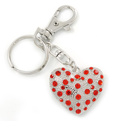 Rhodium Plated Red Crystal Puffed Heart Keyring/ Bag Charm - 100mm L - main view
