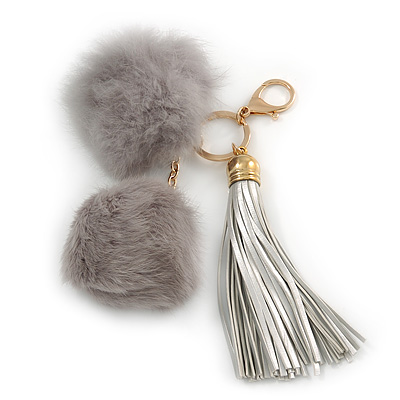 Ivy Grey Faux Fur Pom-Pom and Light Metallic Silver Faux Leather Tassel Gold Tone  Key Ring/ Bag Charm - 21cm L - main view