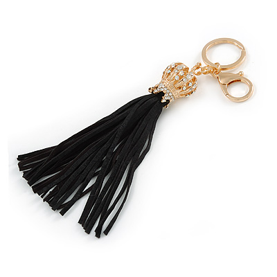 Black Suede Leather Tassel with Gold Tone Crystal Royal Crown Motif Key Ring/ Bag Charm - 21cm L