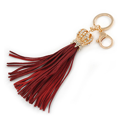Oxblood Suede Leather Tassel with Gold Tone Crystal Royal Crown Motif Key Ring/ Bag Charm - 21cm L