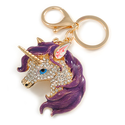 Clear Crystal, Purple Enamel Unicorn Keyring/ Bag Charm In Gold Tone Metal - 10cm L
