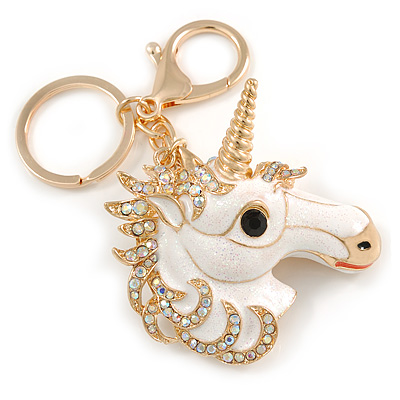 AB Crystal, White Enamel Glitter Unicorn Keyring/ Bag Charm In Gold Tone Metal - 10cm L