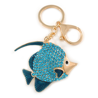 Azure Blue Crystal, Teal Enamel Fish Keyring/ Bag Charm In Gold Tone Metal - 11cm L - main view