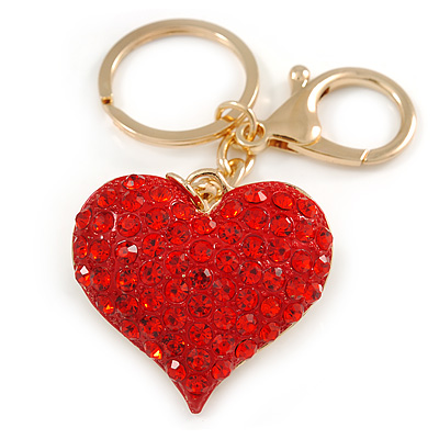 Hot Red Crystal Puffed Heart Keyring/ Bag Charm In Gold Tone Metal  - 8cm L - main view