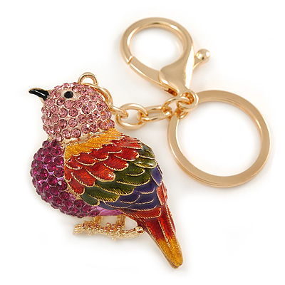 Pink Crystal Multi Enamel Robin/ Bullfinch Bird Keyring/ Bag Charm In Gold Tone Metal - 9cm L - main view