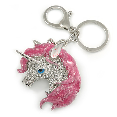 Clear Crystal, Pink Enamel Unicorn Keyring/ Bag Charm In Silver Tone Metal - 10cm L