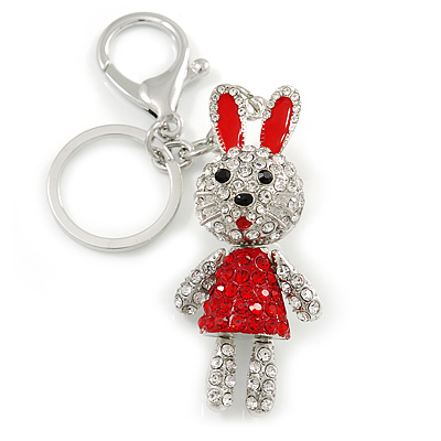 Clear/ Red Crystal Happy Easter Bunny Keyring/ Bag Charm In Silver Tone Metal - 10cm L - main view