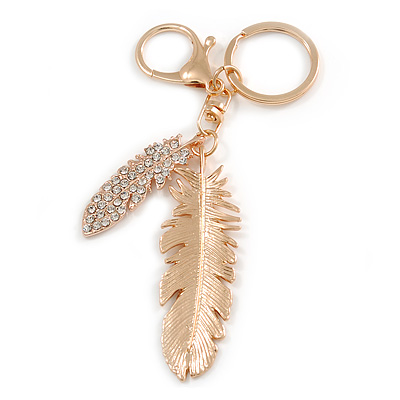 Clear Crystal Feather Keyring/ Bag Charm In Gold Tone Metal - 13cm L - main view