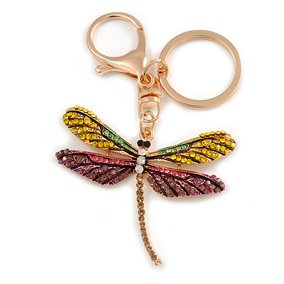Multicoloured Crystal Dragonfly Keyring/ Bag Charm In Gold Tone Metal - 10cm L