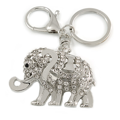Clear Crystal Elephant Keyring/ Bag Charm In Silver Tone - 10cm L