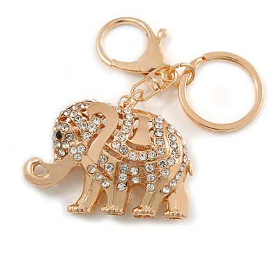 Clear Crystal Elephant Keyring/ Bag Charm In Gold Tone - 10cm L