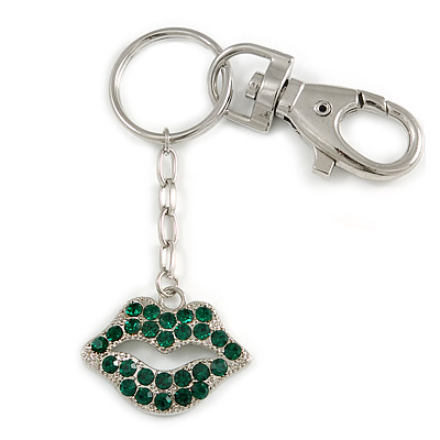 Silver Tone Green Crystal Lips Charm Key Ring - 9cm Long