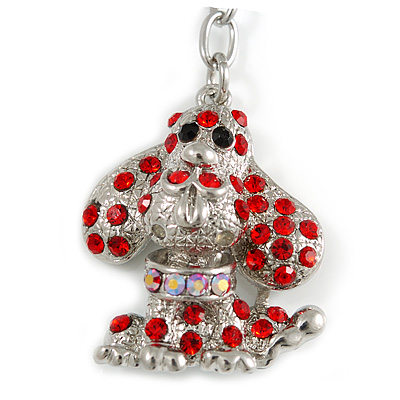Silver Tone Red Crystal Puppy Charm Key Ring - 13cm Long