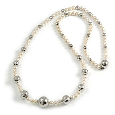 Long Silver-Tone Station Imitation Pearl Necklace