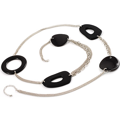 Long Black Oval Resin Bead Costume Necklace In Silver Plated Metal - 108cm L