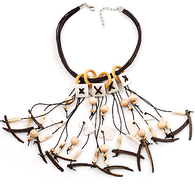 Romantic Multi Cord Wood Nugget & Chips & Beads Fashion Necklace