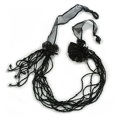 Long Black Glass Bead Floral Organza Necklace