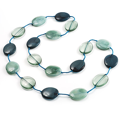 Long Plastic Flat Oval Bead Teal Necklace - 108cm L