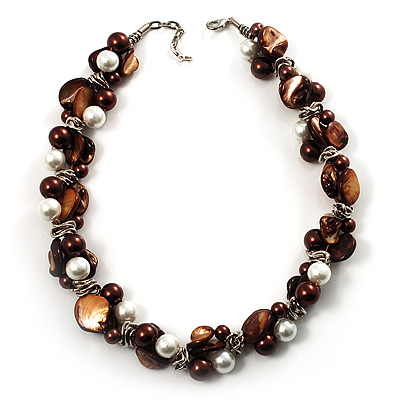 Exquisite Faux Pearl & Shell Composite Silver Tone Link Necklace (Chocolate & White)