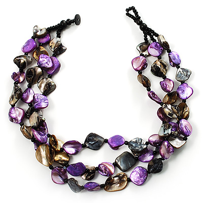 3 Strand Purple & Black Shell - Composite Bead Necklace