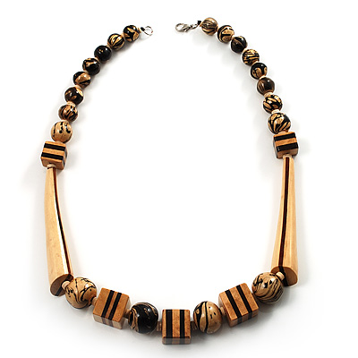 Long Chunky Wooden Geometric Necklace (Brown & Beige) - 60cm Length